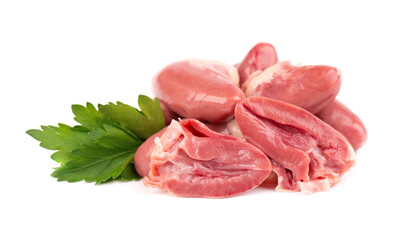 Chicken hearts raw isolated on white background. Fresh chicken broiler hearts with parsley leaves. Close up.