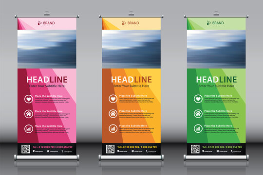 Roll up banner design collection with pink green yellow colorful artwork and image. Editable vertical template 3 vector set, modern standee and flag banner