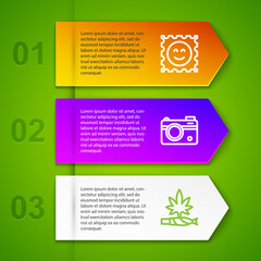 Set line LSD acid mark, Photo camera and Marijuana joint, spliff. Business infographic template. Vector