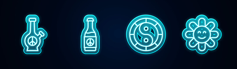 Set line Bong, Beer bottle, Yin Yang symbol and Flower. Glowing neon icon. Vector