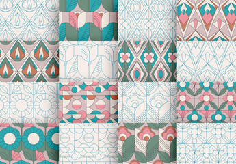 Seamless Pattern Set with Retro Flowers and Geometric Elements