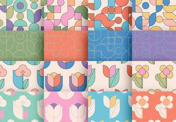 Seamless Pattern Set with Retro Flowers and Geometric Elements