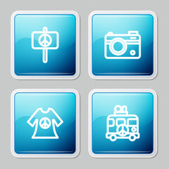 Set line Peace, Photo camera, dress print stamp and Hippie camper van icon. Vector