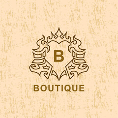 Monogram Design, Graceful Template. Letter B. Calligraphic Elegant Line Art Logo Design. Emblem Sign for Royalty, Business Card, Boutique, Hotel, Restaurant, Wine. Frame for Label. Vector Illustration