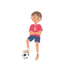 little boy stands with a soccer ball. Child soccer player in cartoon style plays soccer. Use as a character for sports sections or soccer competitions. Vector illustration, isolated character