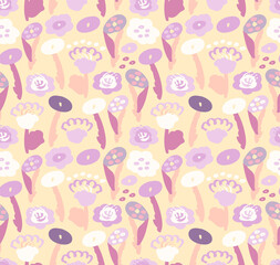 Seamless pattern with colorful pretty floral elements. Organic pastel background, raster version