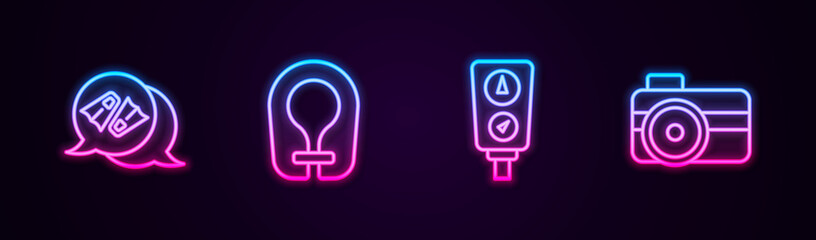 Set line Flippers for swimming, Life jacket, Gauge scale and Photo camera diver. Glowing neon icon. Vector