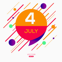 Creative calendar page with single day (4 July), Vector illustration.