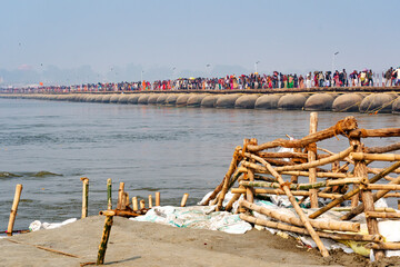 India Uttar Pradesh Allahabad Prayagraj Ardh Kumbh Mela. Scene of one of the multiple pontoon...