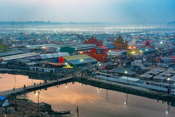 India Uttar Pradesh Allahabad Prayagraj Ardh Kumbh Mela. The temporary city is built on the edge of...