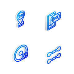Set Isometric line Fitness app, Location gym, Weight plate and Dumbbell icon. Vector