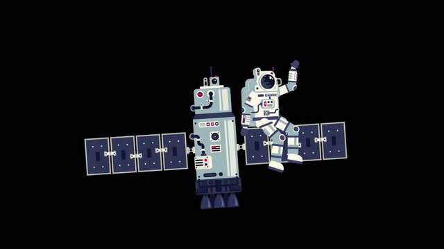 Spaceman on satellite flying in open space. 2D cartoon animation with alpha channel.