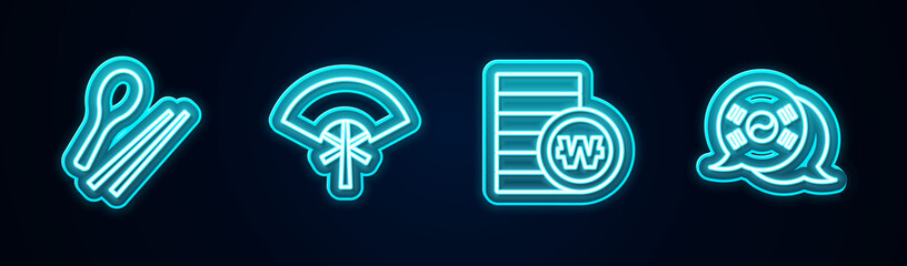 Set line Food chopsticks, Traditional fan, South Korean won coin and flag. Glowing neon icon. Vector
