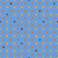 Background in small polka dots in orange and blue colors. Seamless pattern for any use.