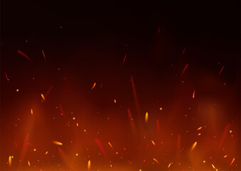 Fototapeta na wymiar Fire flying sparks. Vector horizontal illustration of red fire flames, smoke, light and sparks in the air. Firestorm texture. Burning glowing particles. Realistic heat effect of flame in bonfire.