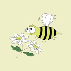 Cartoon insect Bee and chamomile. Vector illustration in doodle style. Colored hand drawing. Yellow isolated background.