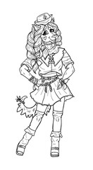 Cartoon character in a skirt, boots and vest, cute mischievous she-wolf sailor with long broad pigtails and bow-knot, kind girl with pointed ears, an elongated muzzle and with fluffy tail.