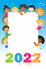 Obraz na płótnie Canvas Children with placard wish happy new year 2022