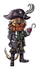 Fantasy character with pointed ears, formidable captain cat with a hook and mouse, frowning cartoon pirate in a hat with a feather and skull, animal with mustache and beards, in a coat and high boots.