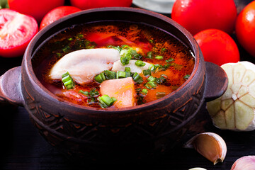 traditional Ukrainian, Russian borsch with chicken. Red borsch with garli