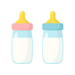Pink and blue baby bottles isolated on white background. Vector illustration