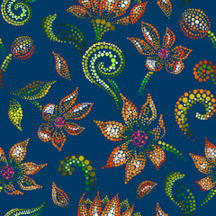 Seamless vector pattern with decorative orange flowers in a mosaic style. Elegant print or wallpaper, fabric, gift wrapping