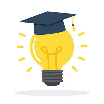 Glowing light bulb with graduation cap floating. Creative concept of knowledge, education, idea, learning, solution, or inspiration. Simple trendy cute cartoon vector illustration. Flat style icon.
