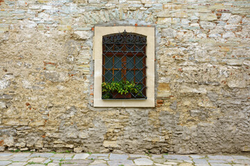 Wooden window with flowers on windowsill