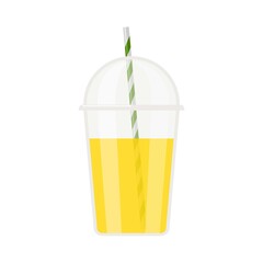 Transparent plastic cup with spherical lid with orange drink, straw isolated on white backgroun. Natural fresh orange juice or smoothie in glass. Flat vector for summer design, lemonade, juice, logo.