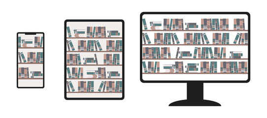 Stack of books on shelves in online library on phone, tablet and desktop. Set of elemnt for digital bookstore illustration. Storage for documents and university literature in application.