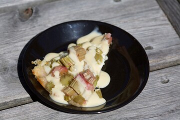 Piece of tasty rhubarb pie with sauce or custard