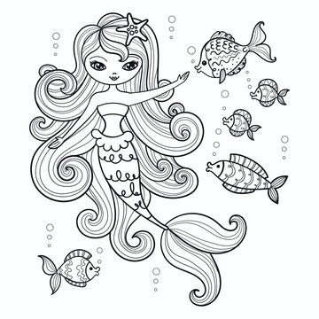 Cute little mermaid with fish. Black and white linear image. Vector