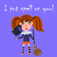 Halloween, cute witch, girl, redhead, child, with a magic raven, broom, autumn colors.