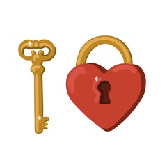 Golden Key and Heart Shape Lock Isolated Vector Illustration