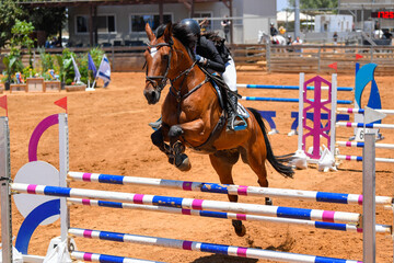 Rider on horse jumping over a hurdle during the equestrian event	
