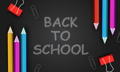 Welcome Back to School Title Written in a Chalk Board with Realistic 3D Items Like Pencil and Paper clip. Vector Illustration