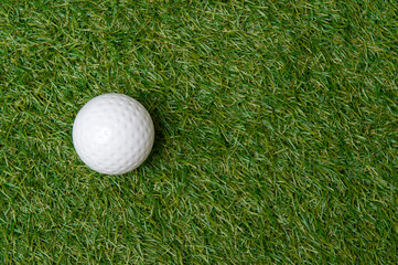 White dimple hockey ball on green grass. Professional sport concept