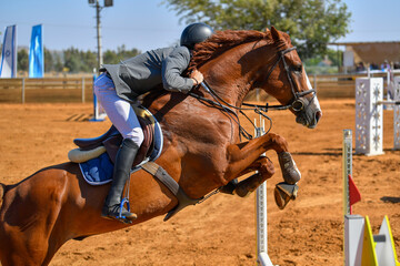 Rider on horse jumping over a hurdle during the equestrian event	
