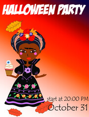 Happy Halloween, invitation card, cute witch, mexican, folk, cupcake with an eye, sweets, trick or treat