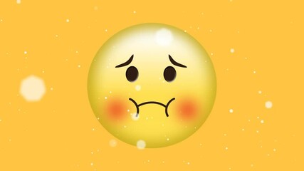 Animation of white spots of light moving over sad, embarrassed emoji on yellow background - Powered by Adobe