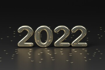 2022 New Year banner. Golden glitter digits on a Black background.