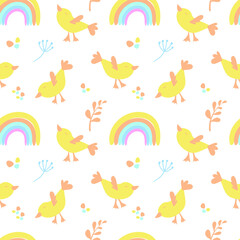 Seamless pattern with cute baby elements. Pastel shades. Vector in flat style. Rainbow, birds and flowers. Suitable for textiles and packaging.
