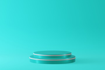 Stepped pedestal of two turquoise cylinders with white rings in studio lighting on turquoise background. 3d render.