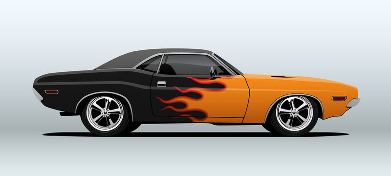 Custom muscle car in vector with flames on body, street version.
