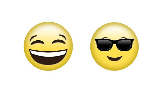 Animation of laughing and cool looking emoji icons over white background