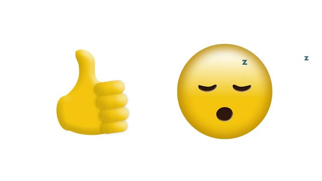 Animation of thumb up and sleeping emoji icons over white background