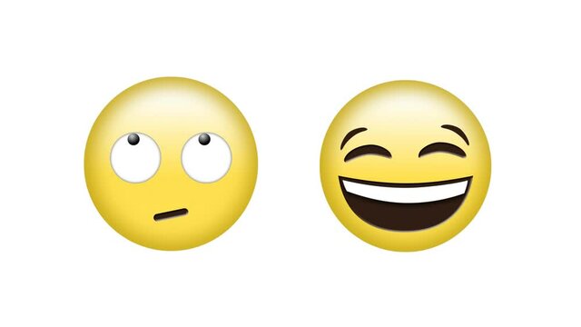 Animation of rolling eyes and laughing emoji icons over white background