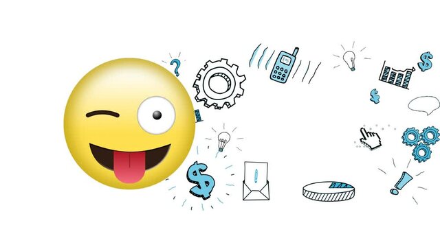 Animation of joking and business emoji icons over white background