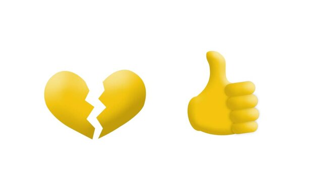 Animation of broken heart and thumbs up emoji icons over white background