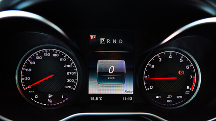 Modern car speedometer. Close up shot of the dashboard